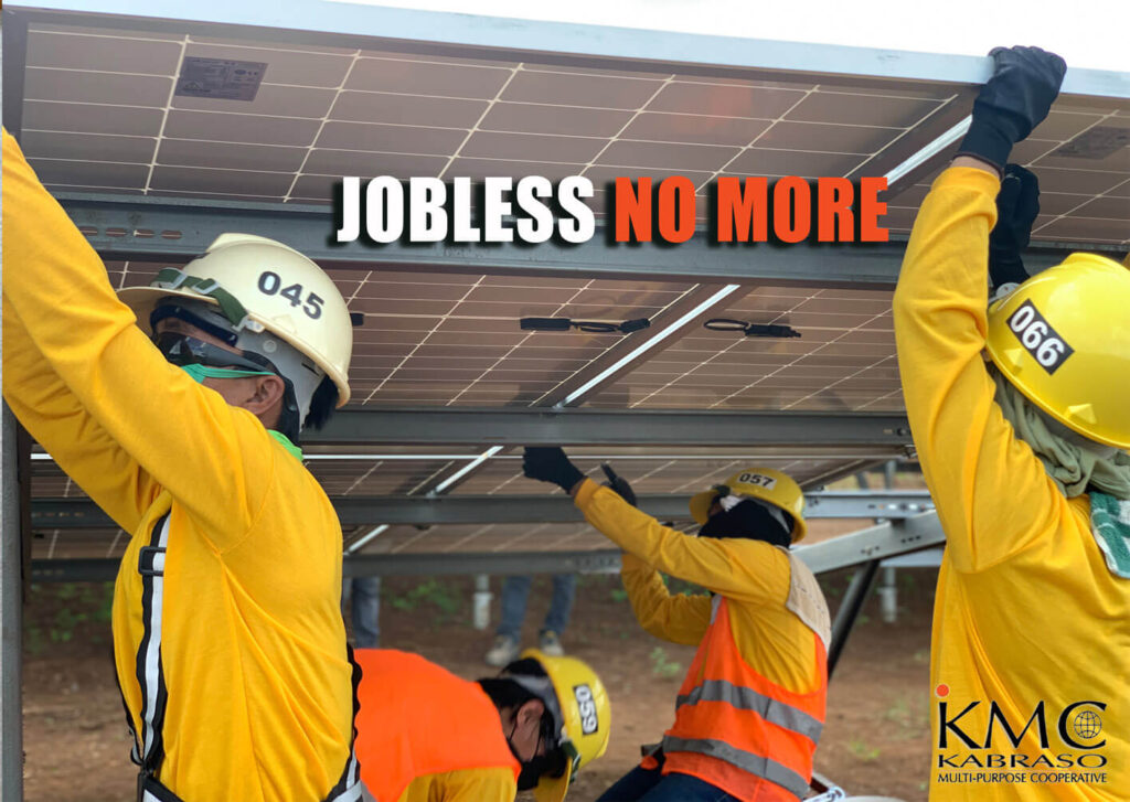 "Jobless no more"- workers installing solar panels