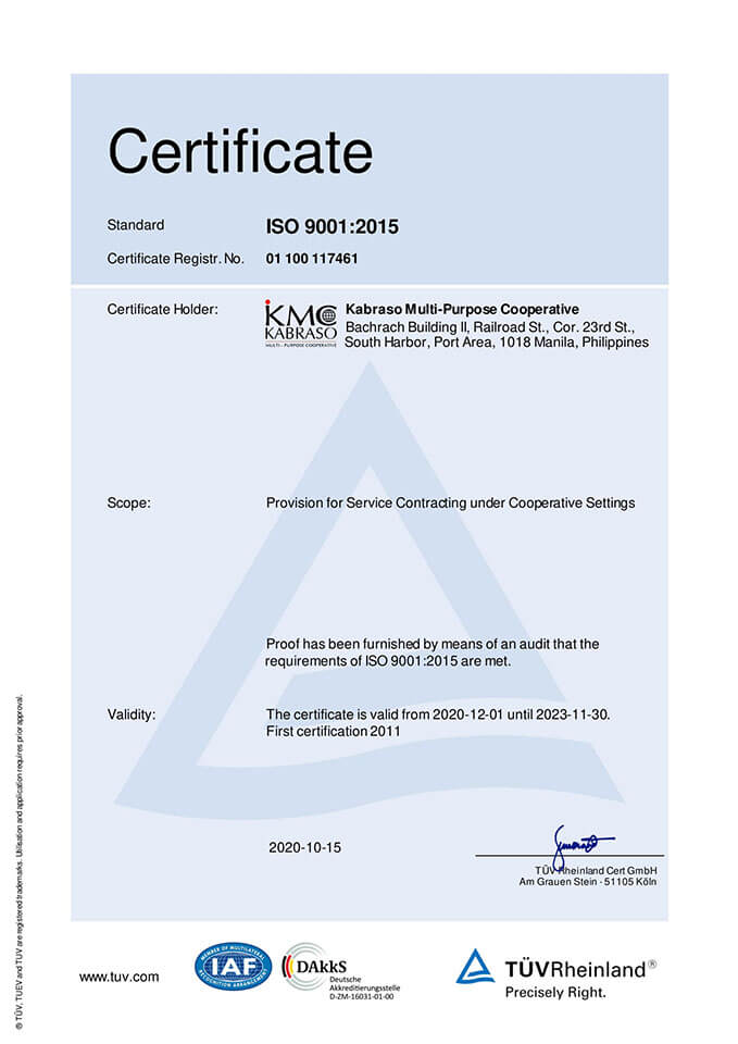 Certificate ISO-9001 2015 Kabraso Multi-Purpose Cooperative