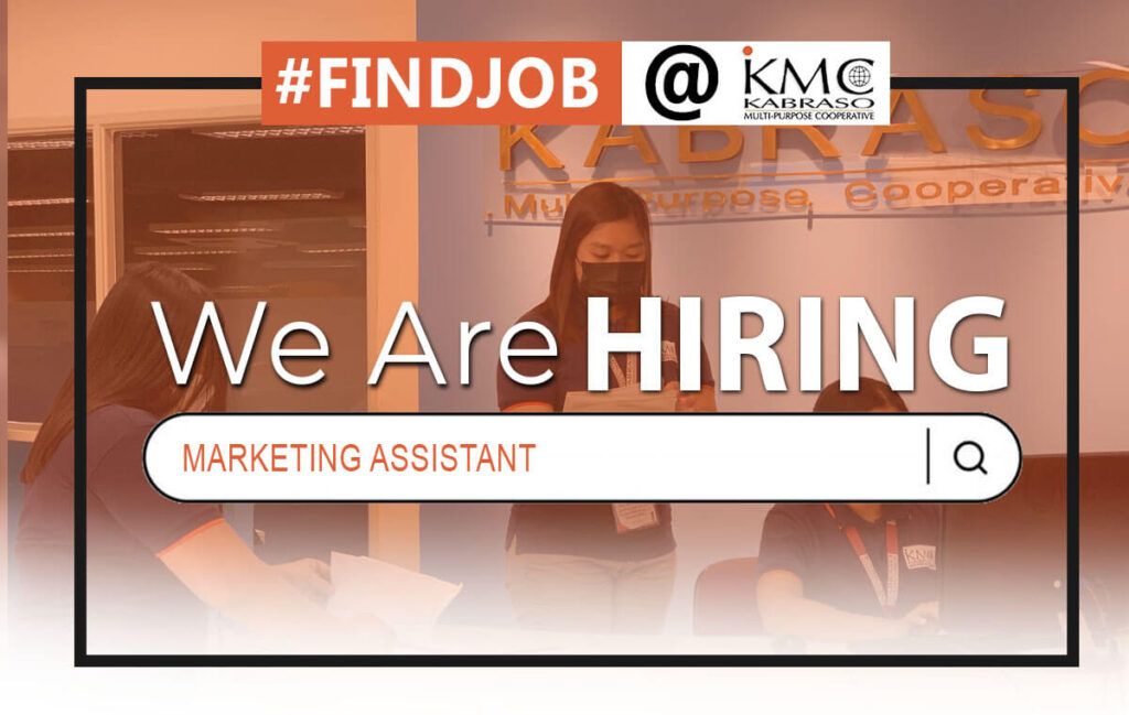 "We are Hiring: Marketing Assistant" poster of Kabraso with 3 employees working on the bg