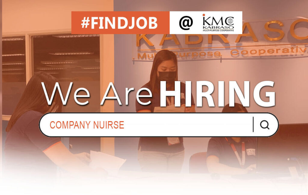 "We are Hiring: Company Nurse" poster of Kabraso with 3 employees working on the bg