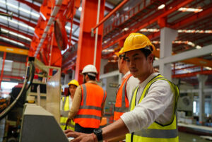 Workers in a factory wearing hard hat using industrial machineries