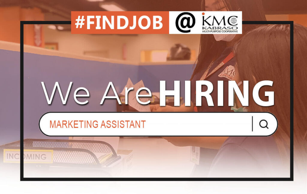 "We are Hiring: Marketing Assistant" poster with 2 women talking to each other about work in the bg