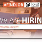 "We are Hiring: Marketing Assistant" poster with 2 women talking to each other about work in the bg