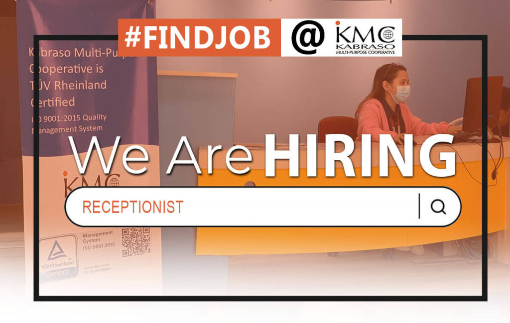 "We are Hiring: Receptionist" poster with a receptionist working in the bg