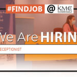 "We are Hiring: Receptionist" poster with a receptionist working in the bg