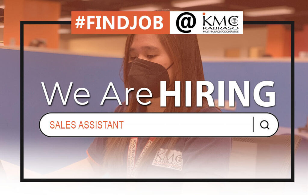 "We are Hiring: Sales Assistant" poster with a female employee on the bg