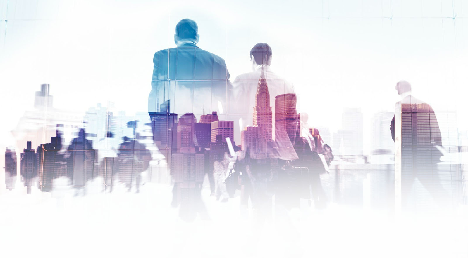 Double exposure of city buildings and a businessman