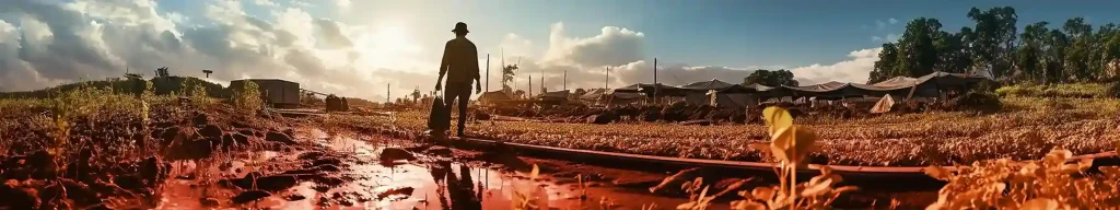 A field that surrounded by damp ground and a nearby houses and building.