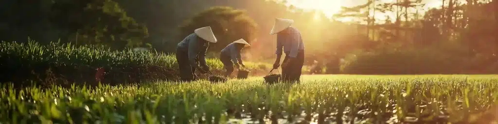 Farmers wearing traditional conical hats work in a lush green field at sunrise. Warm sunlight enhances the peaceful, industrious atmosphere.